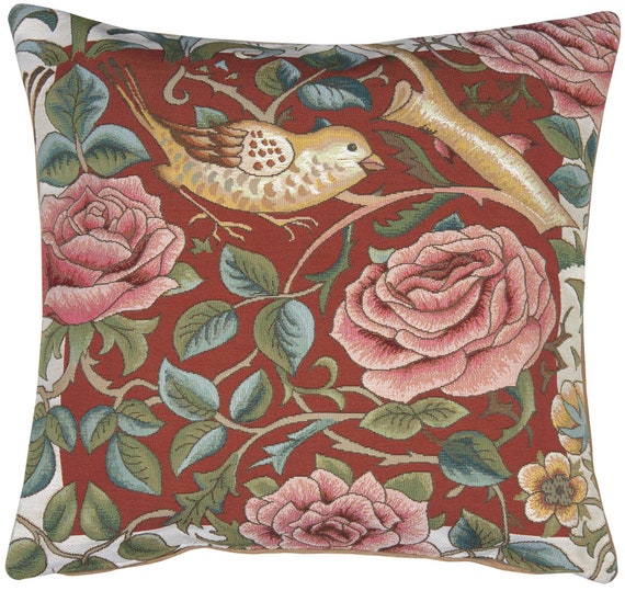 Jacquard Woven Bird and Roses Pillow Cover: William Morris Style