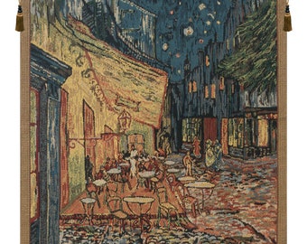 Van Gogh's Terrace at Night European Wall Tapestry - Jacquard Woven Wall Hanging - Modern Tapestry Wall Art Decor for Bedroom