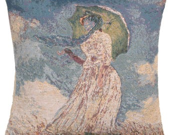 Woven Tapestry Monet's Lady with Umbrella Pillow Covers 18x18, Belgian Body Pillow Covers Decorative Gobelin Couch Cushion Covers