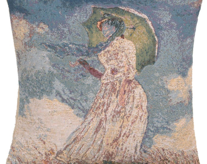 Monet's Lady with Umbrella Pillow Cover: Woven Belgian Tapestry Cushion (18x18)