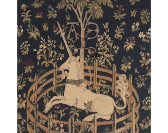 Woven Medieval Unicorn Tapestry: Captivity V Wall Hanging with Millefleurs Background