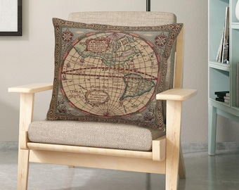 Belgian Woven Map Pillow Cover: Vintage Tapestry Cushion (16x16 inch)