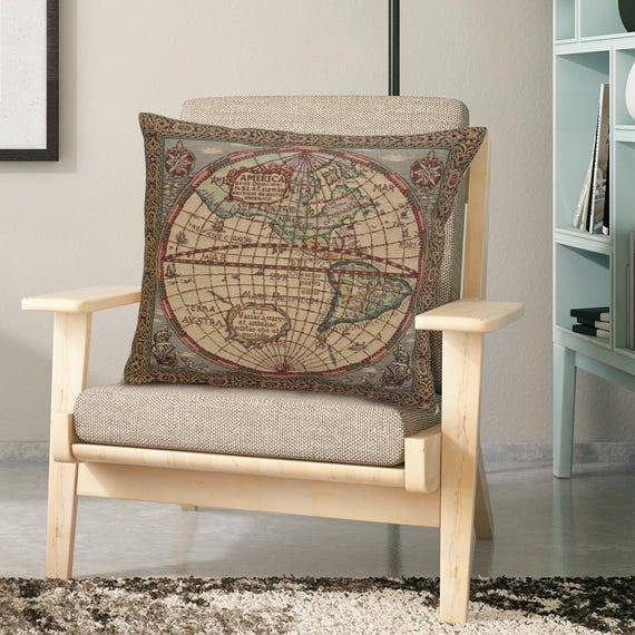 Belgian Woven Map Pillow Cover: Vintage Tapestry Cushion (16x16 inch)