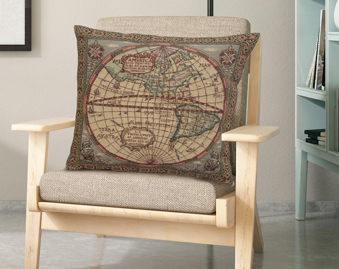 Belgian Woven Map Pillow Cover: Vintage Tapestry Cushion (16x16 inch)