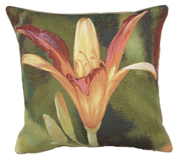 French Tapestry Pillow Cover: Orange Lily Floral, Gobelin Woven (19x19 In)