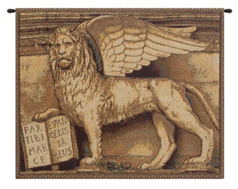Lion with Books European Wall Tapestry - Animals Lover Wall Decor Art - Woven Italian Wall Tapestry - Decorative Lion with Wing Wall Hanging