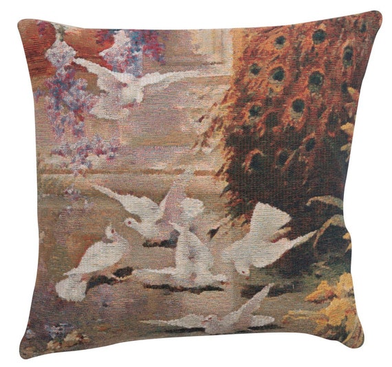 Peacock & Doves Tapestry Cushion Cover: Belgian Woven Bird Art Pillow (17x17 inch)