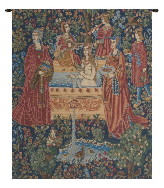 Millefleurs Tapestry: The Bath, Medieval Art, Woven Belgian Wall Hanging (32x27 inch)