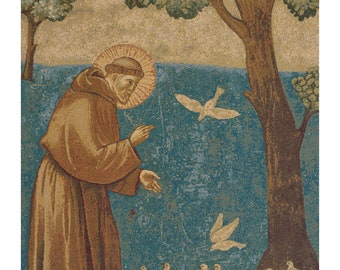 St. Francis Preaching to the Birds European Wall Tapestry - Religious Wall Art - Woven Italian Wall Tapestry - Birds Lover Wall Hanging