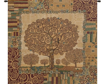 Klimts Tree of Life European Wall Tapestry - Gustav Klimt Fine Wall Decor Art - Woven Italian Wall Tapestry - Bronze Background Wall Hanging
