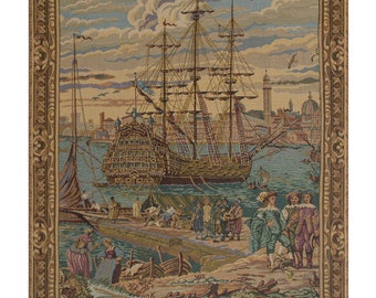 The Galleon Guardi European Wall Tapestry - Seascape Decorative Wall Hanging - Woven Italian Wall Tapestry - Coastal Dwelling Wall Decor Art