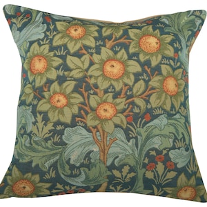 Orange Tree Arabesques Blue Tapestry Cushion Cover 19x19 Inch - William Morris Art Woven Floral Pillow Case - Sofa Pillow Cover