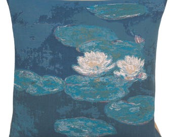 Monets Lily Pads Tapestry Cushion Covers - Woven Decorative European Cushion Covers - 18x18 White Floral Gobelin Sofa Pillow Covers