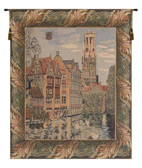 Bruges Canal Landscape Tapestry - Woven Belgian Jacquard Wall Art - European Decorative Hanging