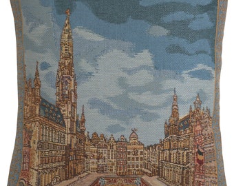 Grand Place Brussels I Belgian Tapestry Cushion Cover 16x16 Inch - Woven Square Pillow Cover – Decorative Sofa Cushion Cover