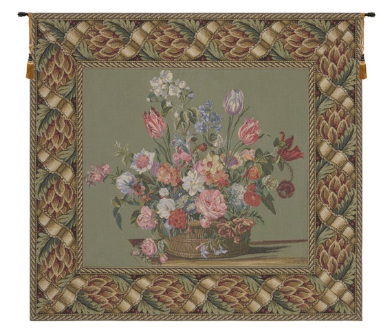 Floral Basket Woven Wall Tapestry: Vintage Belgian Jacquard Art
