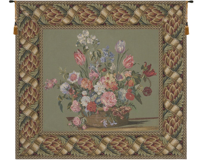 Floral Basket Woven Wall Tapestry: Vintage Belgian Jacquard Art