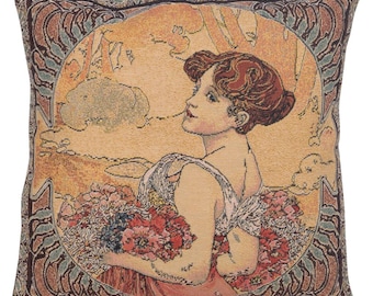 Mucha Summer, Decorative Belgian Tapestry, Throw Pillow Cover, Sofa Cushion Cover, 18x18, Gobelin Belgian Pillow Cover, Gift for her
