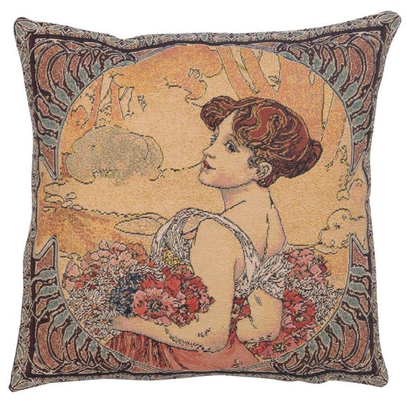 Mucha Summer Tapestry Pillow Cover: Art Nouveau Cushion (18x18)