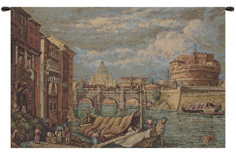 May include: A tapestry depicting a scene of a bridge over a river in a city. The bridge has multiple arches and is made of stone. There are buildings on both sides of the river, including a large building with a dome in the background. The river is blue and there are boats on the water. The tapestry is made of woven fabric and has a textured surface. The colors in the tapestry are muted and earthy, with shades of brown, gray, and blue.