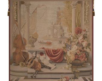 Le Port De Toscane I European Wall Tapestry - Woven Jacquard Wall Art - Medieval French Wall Art - Music Instruments & Floral Wall Hanging