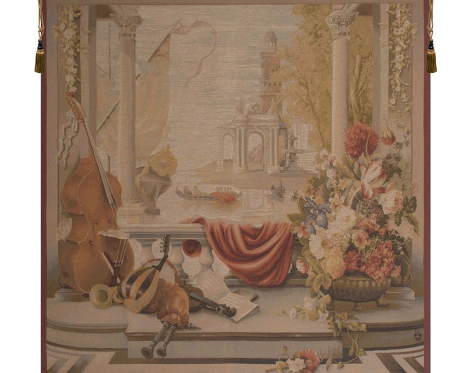 Le Port De Toscane I European Wall Tapestry - Woven Jacquard Wall Art - Medieval French Wall Art - Music Instruments & Floral Wall Hanging