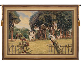Peacock Manor with Frame Border European Wall Tapestry - Birds Lover Wall Decor Art - Decorative Unique Wall Tapestry - Woven Wall Hanging