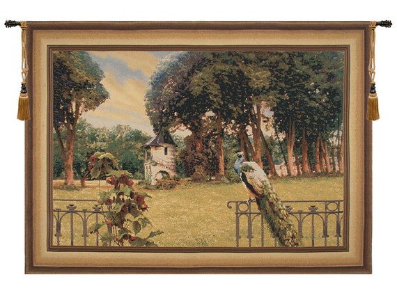 Peacock Manor Tapestry: Belgian Woven Wall Hanging with Frame Border