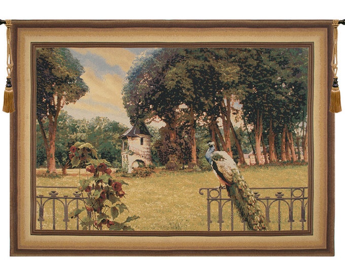Peacock Manor Tapestry: Belgian Woven Wall Hanging with Frame Border