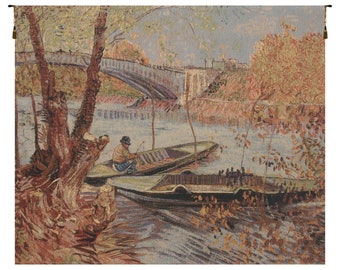 Van Gogh's Fishing in the Spring Wall Tapestry - Belgian Fine Art Wall Hanging Woven - Wall Tapestry for Home Decor