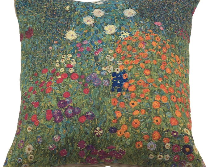 Klimt Flower Garden Cushion Cover: Belgian Woven Tapestry Pillow 18x18