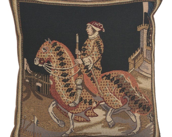 Medieval Knight of Siena Tapestry Cushion Cover: French Woven Decorative Pillow Case (16x16 inch)