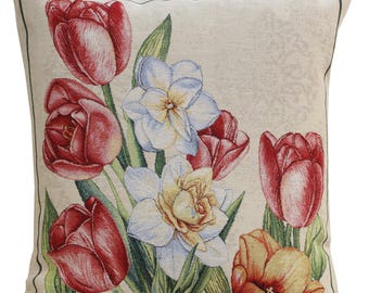 Vintage Lady Tulip Tapestry Cushion Cover 18x18 inch - Woven Floral Decorative Throw Pillow Case for Couch