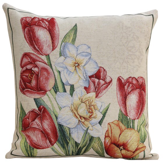 Vintage Tulip Tapestry Pillow Cover: Woven Floral Throw Pillow (18x18 inch)