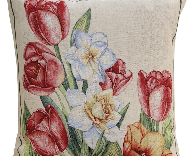 Vintage Tulip Tapestry Pillow Cover: Woven Floral Throw Pillow (18x18 inch)