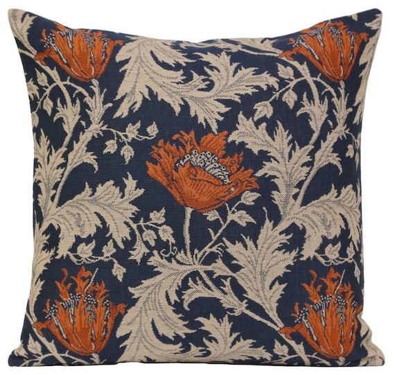 Anemone Floral Tapestry Pillow Cover: Blue Rust Woven Cushion, 16x16 inch