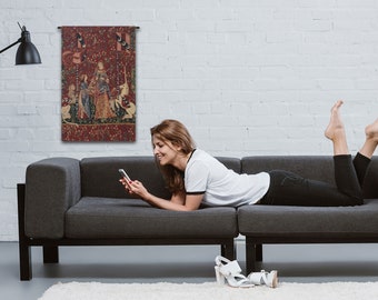 Lady and the Unicorn Tapestry: Medieval Mille Fleurs Woven Wall Hanging