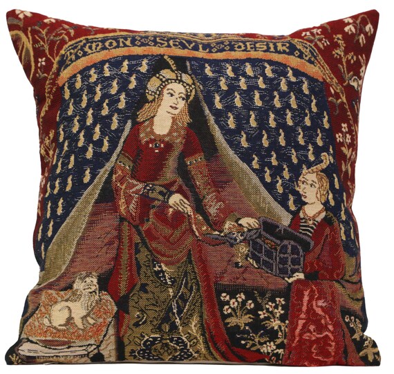 Medieval Tapestry Cushion Cover: My Only Desire Decorative Pillow Case for Couch, 16x16 Inch