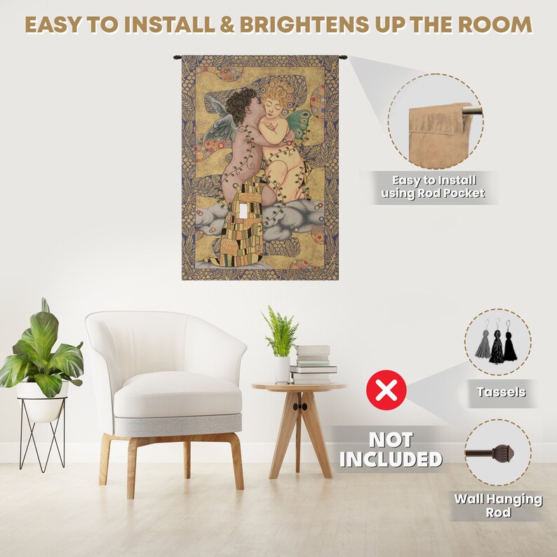 Gustav Klimt 'The First Kiss' Tapestry Wallhanging, Jacquard Woven Wall Tapestry image 9