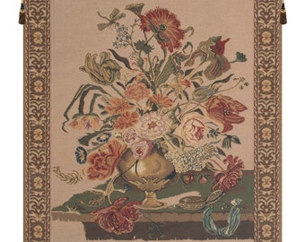 Mignon Bouquet Beige European Wall Tapestry Woven - Cream Background Floral Wall Hanging Art - Belgian Woven Wall Decor