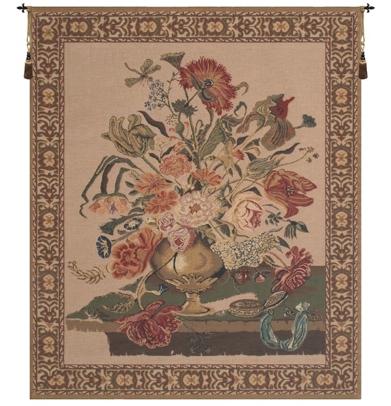 Mignon Bouquet Beige Floral Tapestry: European Woven Wall Art