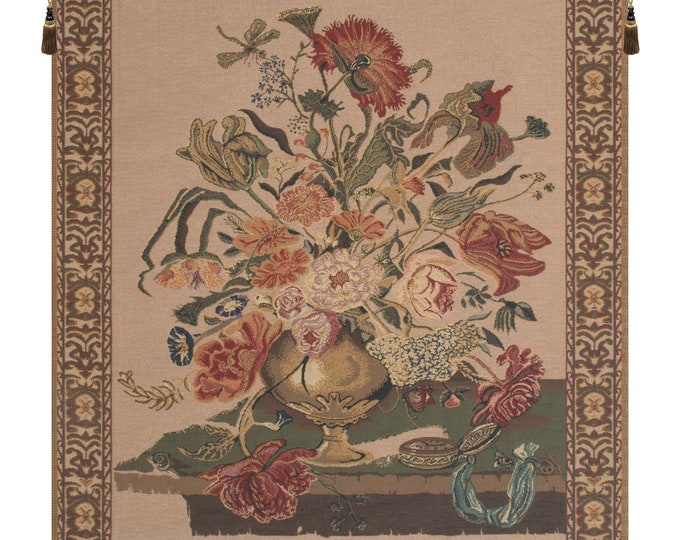 Mignon Bouquet Beige Floral Tapestry: European Woven Wall Art