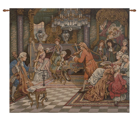 Italian Woven Wall Tapestry: Rococo Music Scene, Palace Hall Decor (27x31 inch)