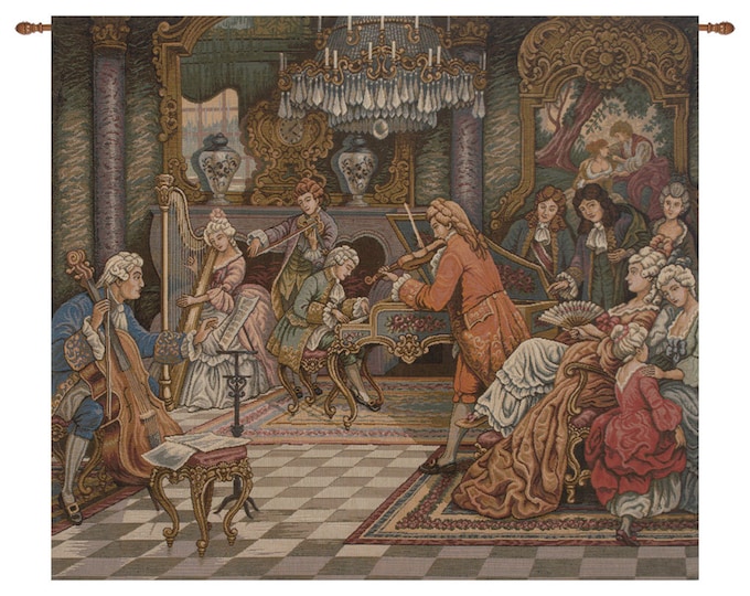 Italian Woven Wall Tapestry: Rococo Music Scene, Palace Hall Decor (27x31 inch)