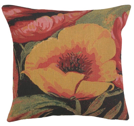 Yellow Poppy Tapestry Pillow Cover: Woven Floral Throw, 16x16 Inch