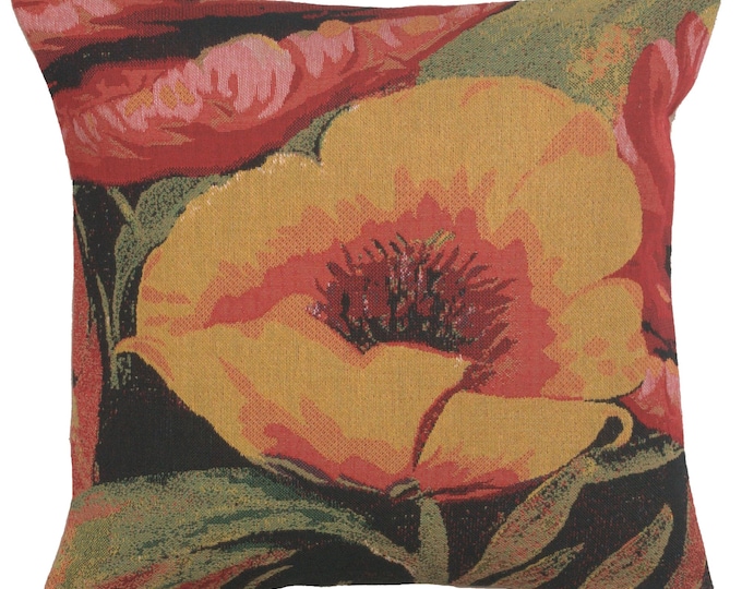 Yellow Poppy Tapestry Pillow Cover: Woven Floral Throw, 16x16 Inch