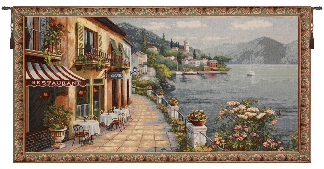 ヨーロッパの港のタペストリー 織りイタリア風景装飾アート　アンティーク コモ湖カフェタペストリー：イタリアの湖畔風景を織り込んだ壁掛け