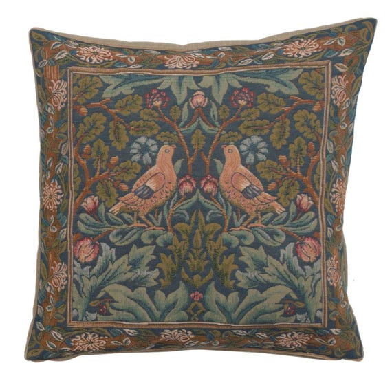 William Morris Bird Tapestry Pillow Cover: French Woven Cotton Cushion (19x19)