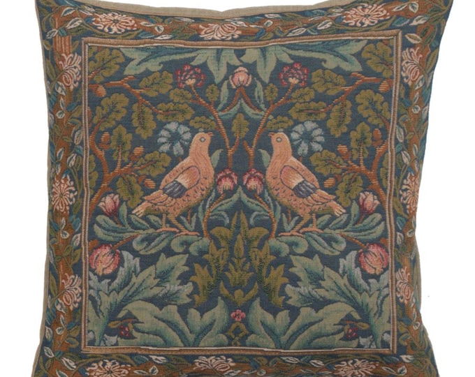 William Morris Bird Tapestry Pillow Cover: French Woven Cotton Cushion (19x19)