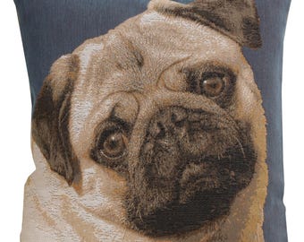 Pugs Blue II Tapestry Cushion Cover - Dogs Art Sofa Cushion Cover - 14x14 inch Decorative Pillow Cover - Gobelin Throw Pillow Cover